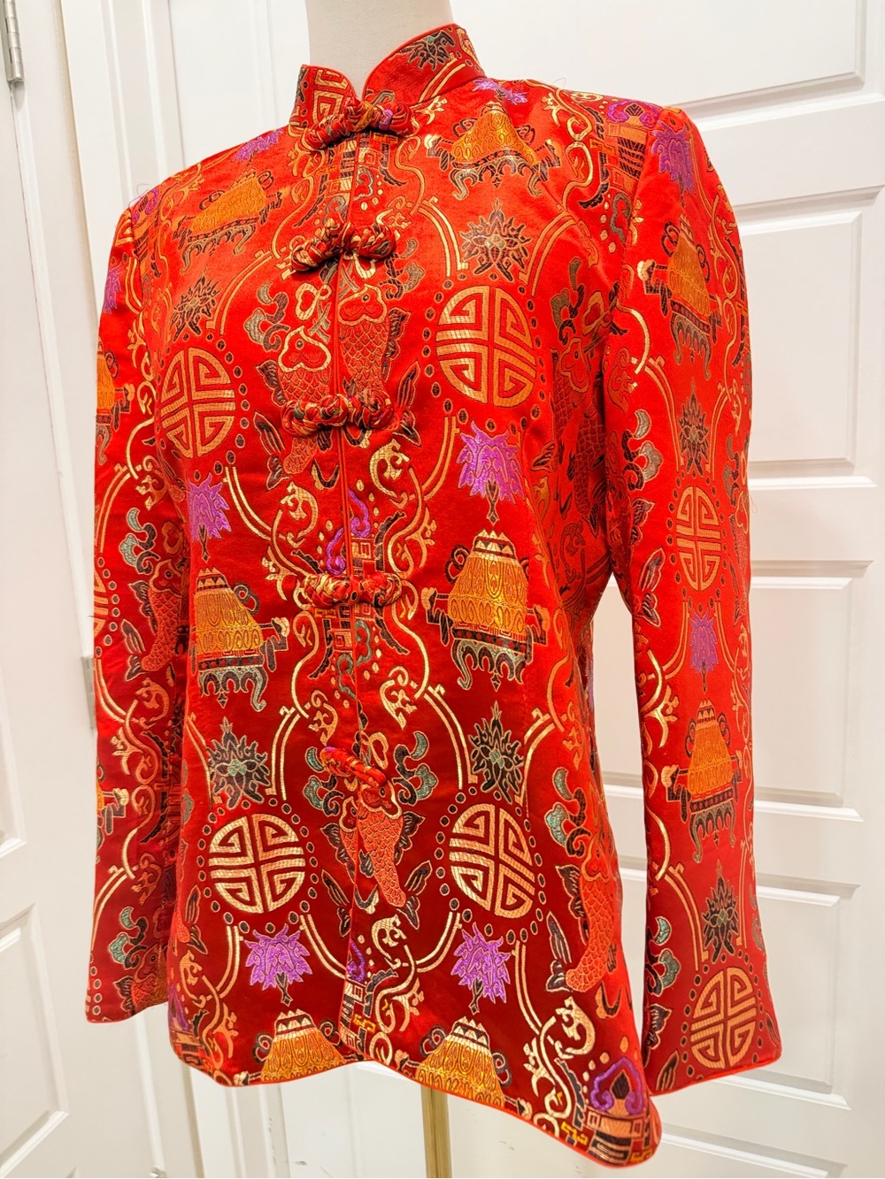 Red Brocade Mandarin Jacket with Gold Embroidery - Picture 2 of 9